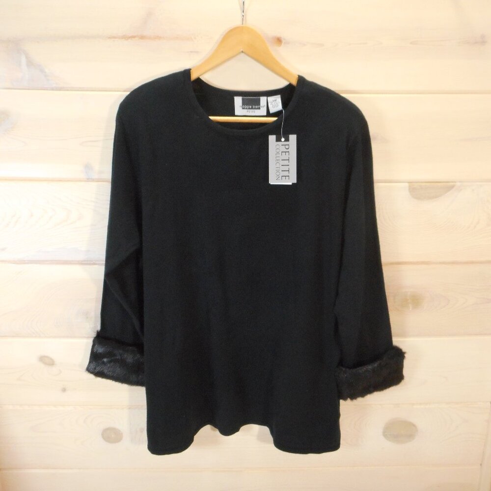 NWT Maggie Barnes 1X Petite Knit Sweater Faux Fur Cuffs Black Pullover Vintage